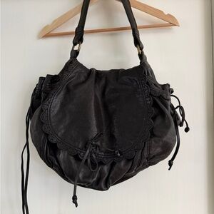 Lucky Brand Black Leather Shoulder Hobo Bag, scalloped, fringe, excel cond